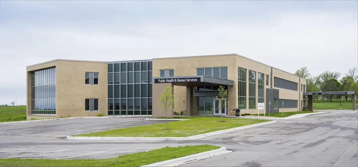 Side view and canopy of Green County Government Services Building.