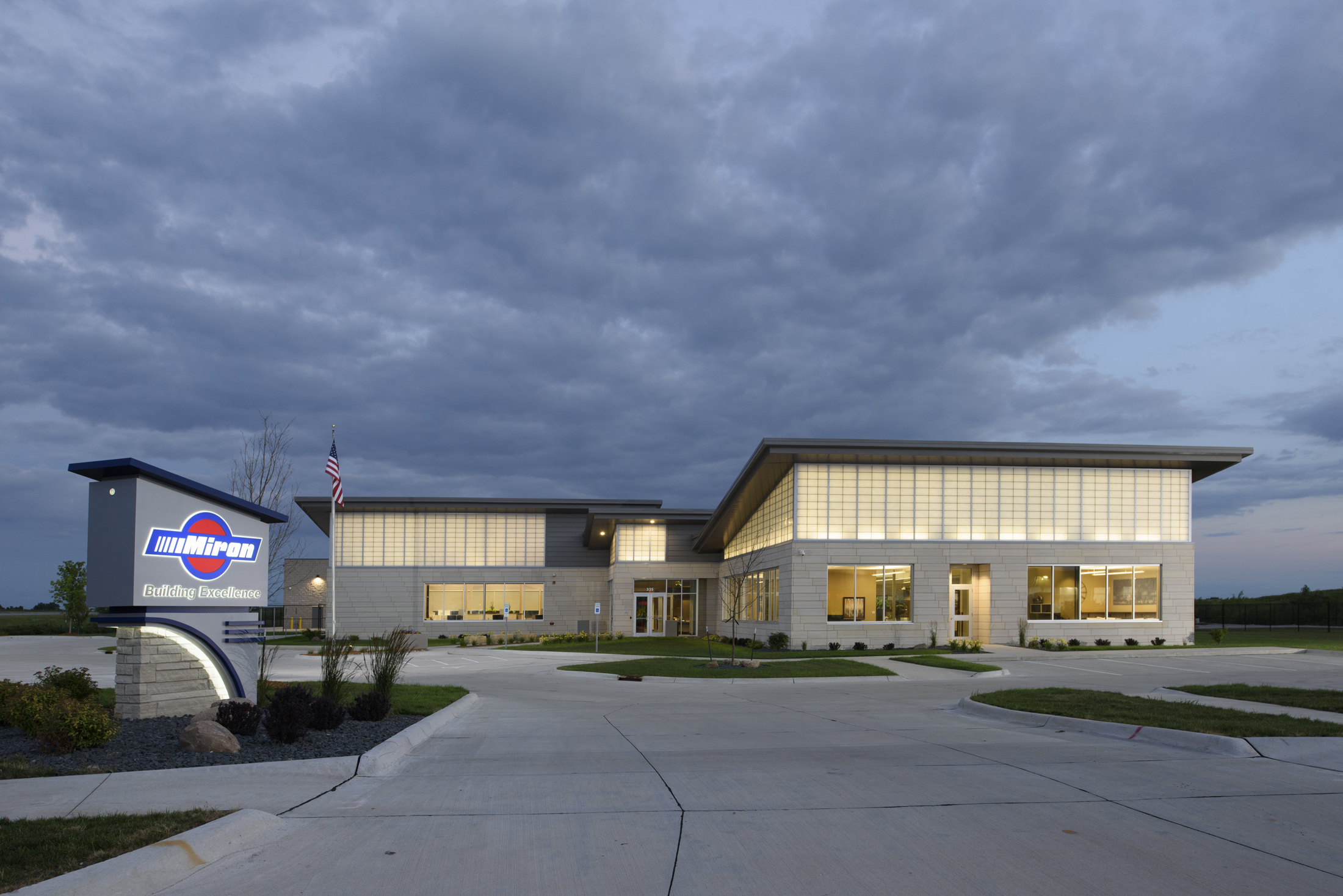 Miron Construction Cedar Rapids office exterior at dusk